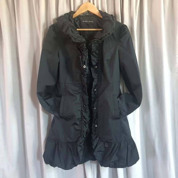 Blanc Noir Black Ruffled Trench Coat Womens M - Picture 5 of 16